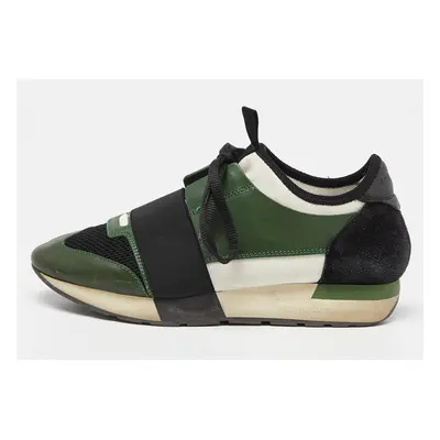 Balenciaga Green/Black Leather and Mesh Race Runner Sneakers Size