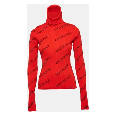 Balenciaga Red Logo Print Rib Knit Turtleneck Sweater