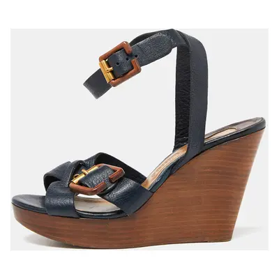 Chloe Navy Blue Leather Buckle Detail Wedge Platform Ankle Wrap Sandals Size