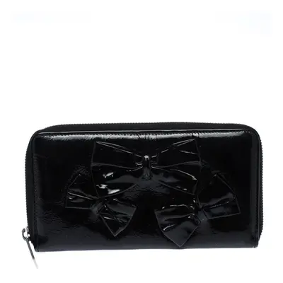 Valentino Black Patent Leather Bow Continental Zip Around Wallet