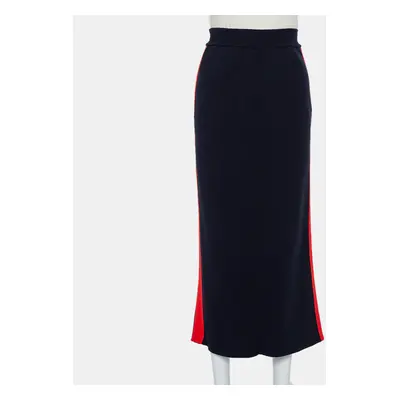 Stella McCartney Navy Blue Cotton Knit Contrast Stripe Panel Detail Midi Skirt