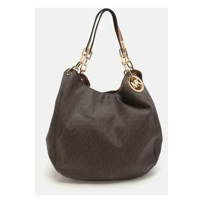 Michael Kors Dark Brown Signature Coated Canvas and Leather Fulton Hobo