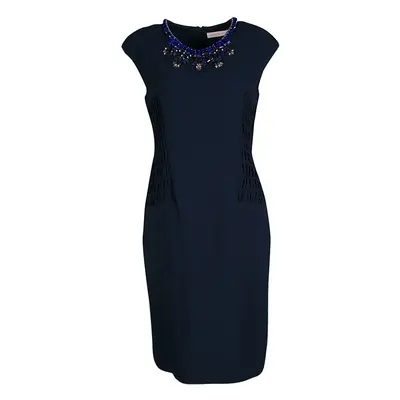 Matthew Williamson Navy Blue Smocked Waist Detail Embellished Neck Sleeveless Dress