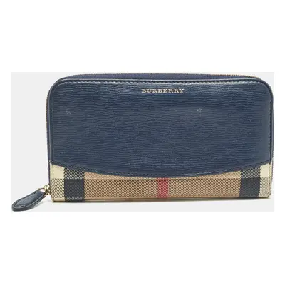 Burberry Navy Blue/Beige House Check Canvas and Leather Zip Continental Wallet