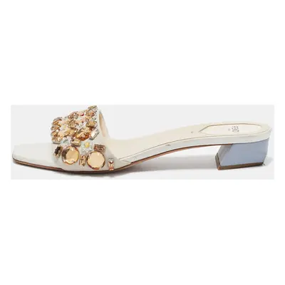 Fendi Cream Leather Crystal Embellished Flat Slides Size