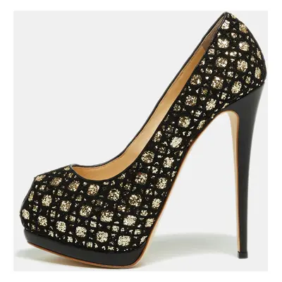 Giuseppe Zanotti Black/Gold Mesh and Glitter Platform Pumps Size