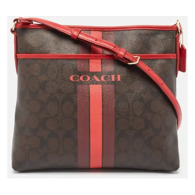 Coach Dark Brown/Red Signature Coated Canvas Varsity Striped File Crossbody Bag