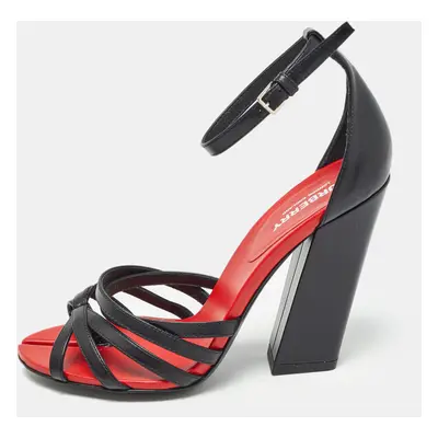 Burberry Black/Red Leather Hove Heel Ankle Strap Sandals Size