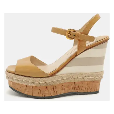 Prada Beige Patent Leather Wedge Espadrille Sandals Size 39.5