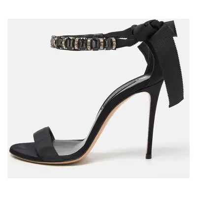 Casadei Black Satin Crystals Embellished Ankle Wrap Sandals Size 36.5