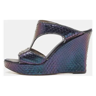 René Caovilla Metallic Python Crystal Embellished Wedge Sandals Size