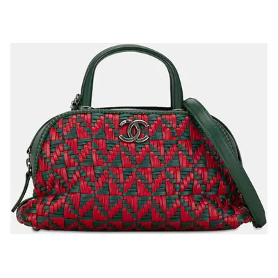 Chanel Green/Red Calfskin Woven Leather Bowling Bag