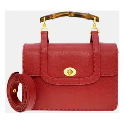 Gucci Red Leather Bamboo Top Handle Bag