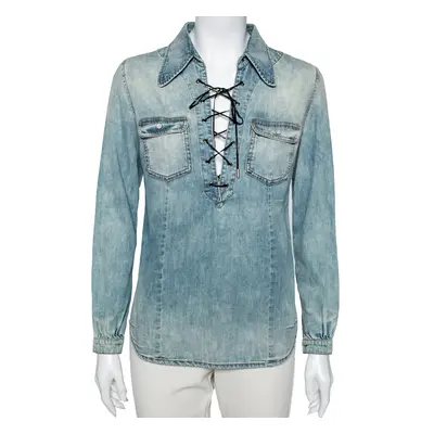 Roberto Cavalli Blue Denim Lace-Up Detail Long Sleeve Shirt