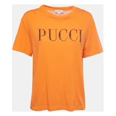 Emilio Pucci Orange Cotton Crystal Embellished Logo T-Shirt