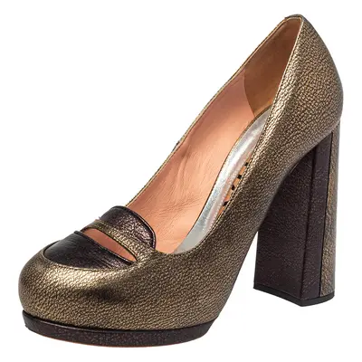 Rochas Metallic Bronze/Brown Leather Block Heel Loafer Pumps Size