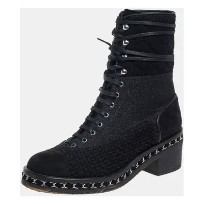 Chanel Black Tweed And Suede Combat Boots Size