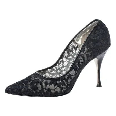 Dolce & Gabbana Black Embroidered Mesh And Leather Trim Pointed Toe Pumps Size