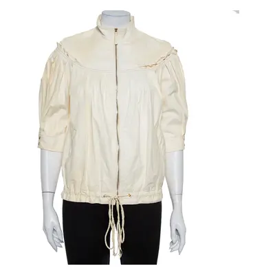 Roberto Cavalli Cream Leather Pleated Detail Zipper Front Jacket