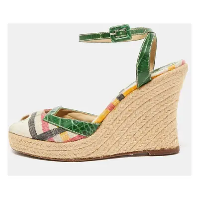 Burberry Multicolor Canvas and Croc Embossed Leather Wedge Sandals Size