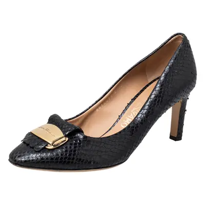 Salvatore Ferragamo Black Python Embossed Leather Logo Embellished Pumps Size 39.5