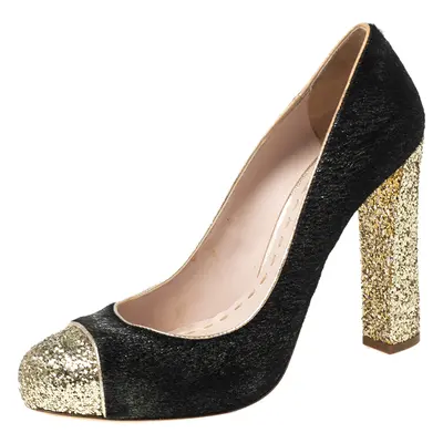 Miu Miu Black/Gold Calf Hair And Coarse Glitter Cap-Toe Block Heel Pumps Size