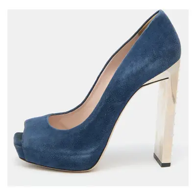 Miu Miu Navy Teal Suede Crystal Heel Peep Toe Pumps Size 38.5