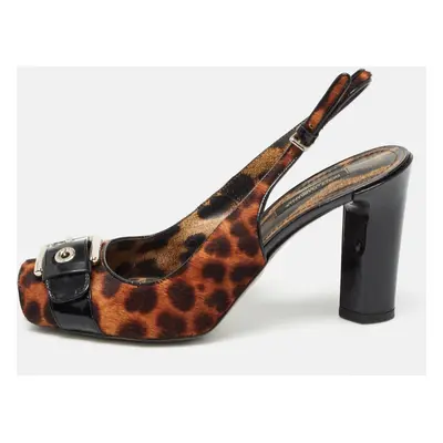 Dolce & Gabbana Brown/Black Leopard Calf Hair and Patent Open Toe Slingback Pumps Size