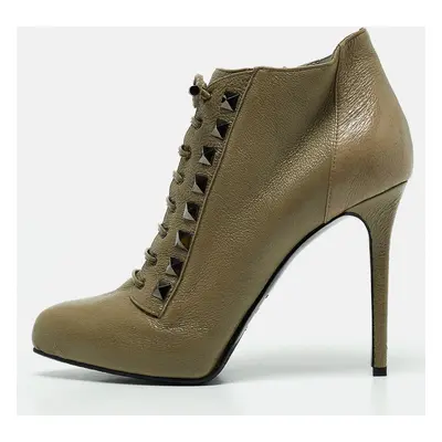 Le Silla Olive Green Leather Studded Pointed Toe Lace Up Ankle Booties Size