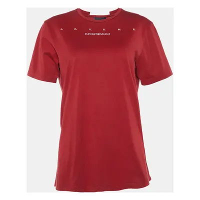 Emporio Armani Red Embroidered Cotton Crew Neck T-Shirt