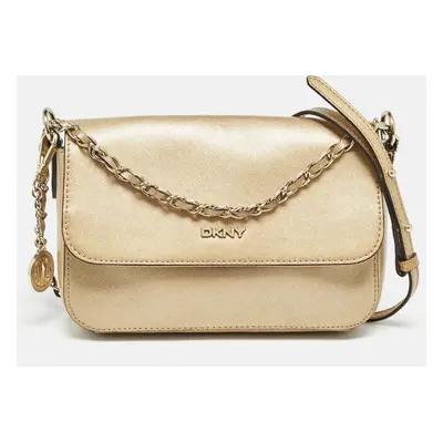 Dkny Gold Leather Logo Flap Crossbody Bag