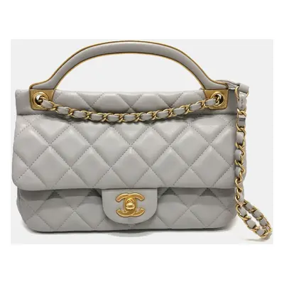 Chanel Grey Calfskin Quilted Small Lady Handle Clutch With Chain