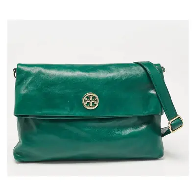 Tory Burch Green Leather Dena Fold Over Crossbody Bag