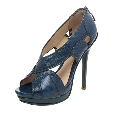 Alexandre Birman Blue/Green Python And Leather Peep Toe Platform Pumps Size