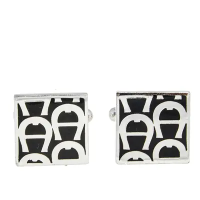 Aigner Black Enamel Logo Square Cufflinks