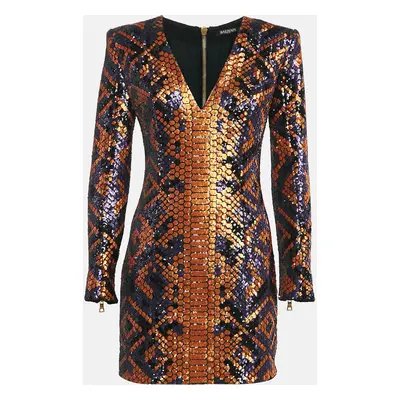 Balmain Multicolor Snake Pattern Sequin Full Sleeve Mini Dress