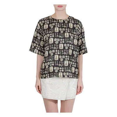 Dolce & Gabbana Black and Beige Dice Key Printed Silk Short Sleeve Top