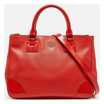 Tory Burch Orange Patent and Leather Large Robinson Double Zip Tote