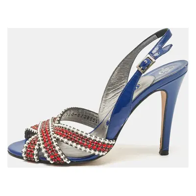 Gina Blue Patent Leather Crystal Embellished Slingback Sandals Size