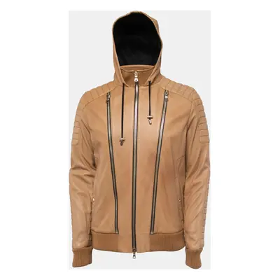 Balmain Beige Lambskin Leather Hooded Jacket 2XL