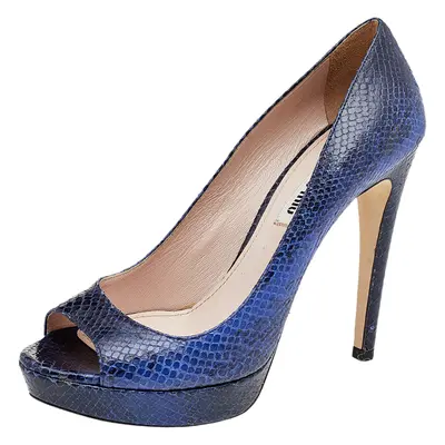 Miu Miu Blue Python Embossed Leather Peep Toe Platform Pumps Size 37.5