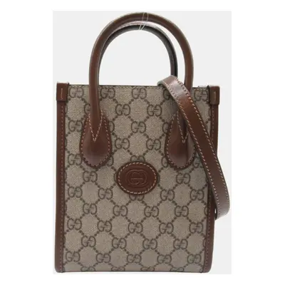 Gucci Beige Brown leather canvas GG Supreme Shoulder Bag