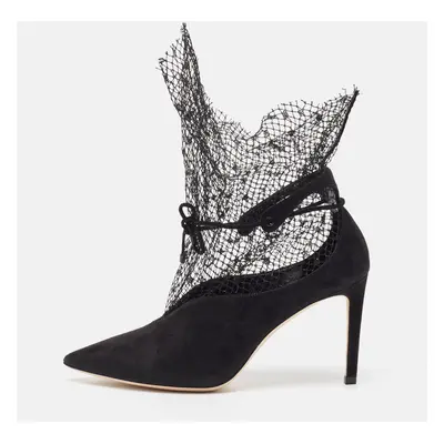 Jimmy Choo Black Suede and Mesh Leanne Pointed Toe Ankle Booties Size