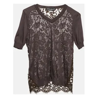 Dolce & Gabbana Brown Jersey and Lace V-Neck Top