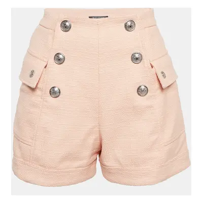 Balmain Light Orange Canvas Button Embellished High-Waist Shorts