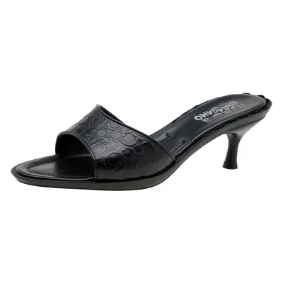 Salvatore Ferragamo Black Gancini Embossed Leather Slide Sandals Size