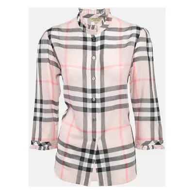 Burberry Pink Plaid Cotton Puff Sleeves Ruffled Button Front Top