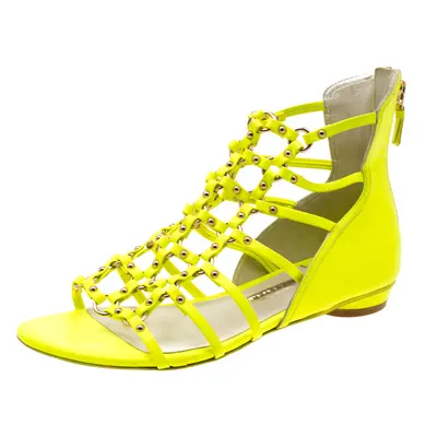 Sophia Webster Neon Green Leather Studded Flat Sandals Size