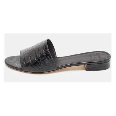 Tory Burch Black Croc Embossed Leather Martine Flat Slides Size 39.5