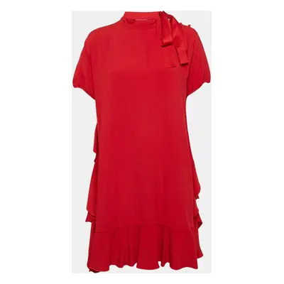 RED Valentino Red Crepe Ruffled Tie-Up Neck Detail Mini Dress